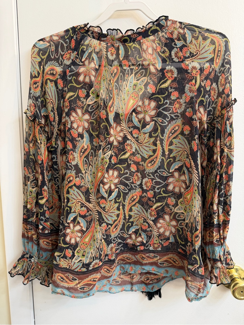 Sundance Black Paisley Floral Sheer Tie-Neck Blouse - Picture 3 of 5